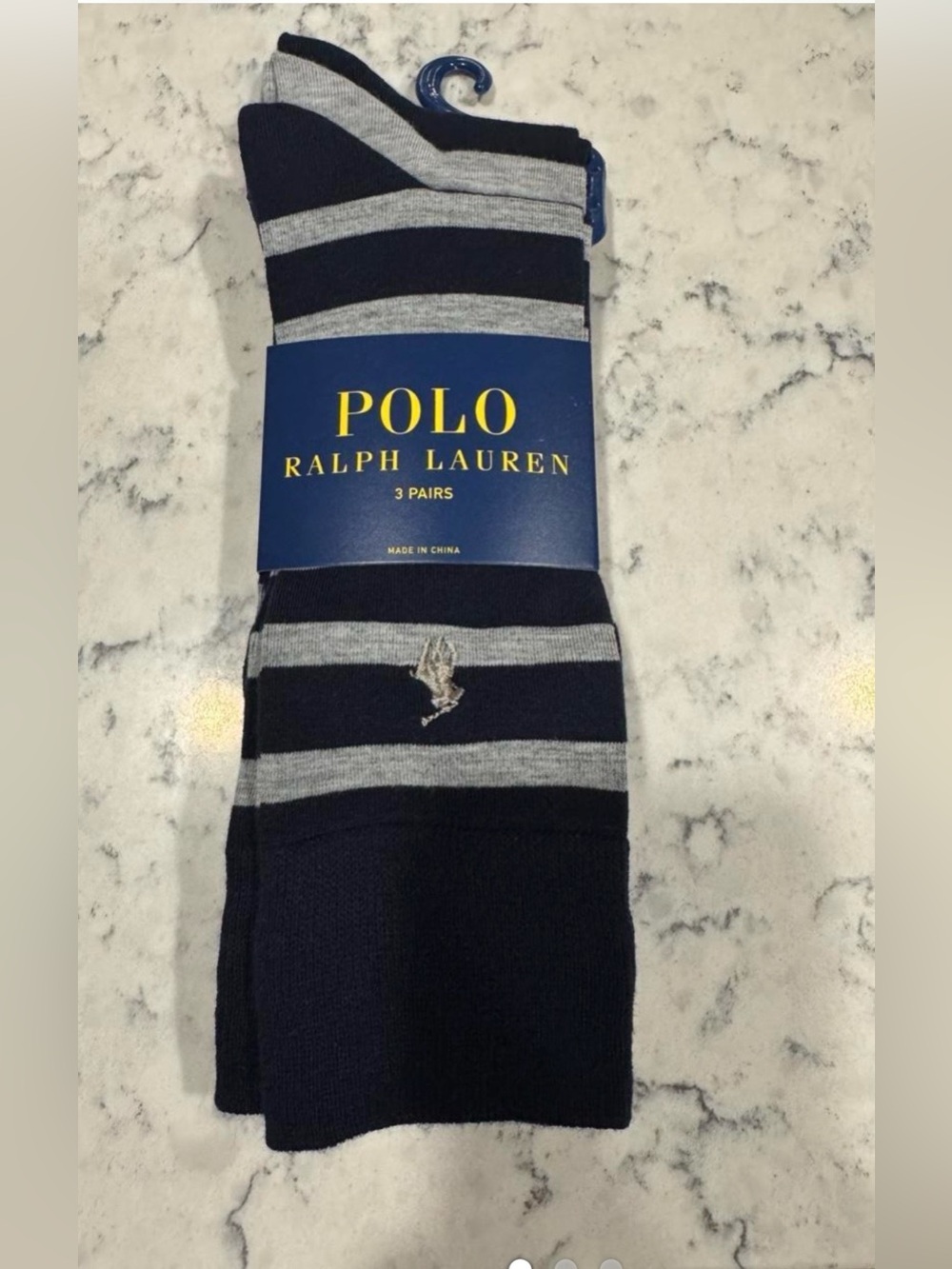 Polo by Ralph Lauren Men’s Socks- Navy & Gray Striped, Solid Gray and Solid Navy